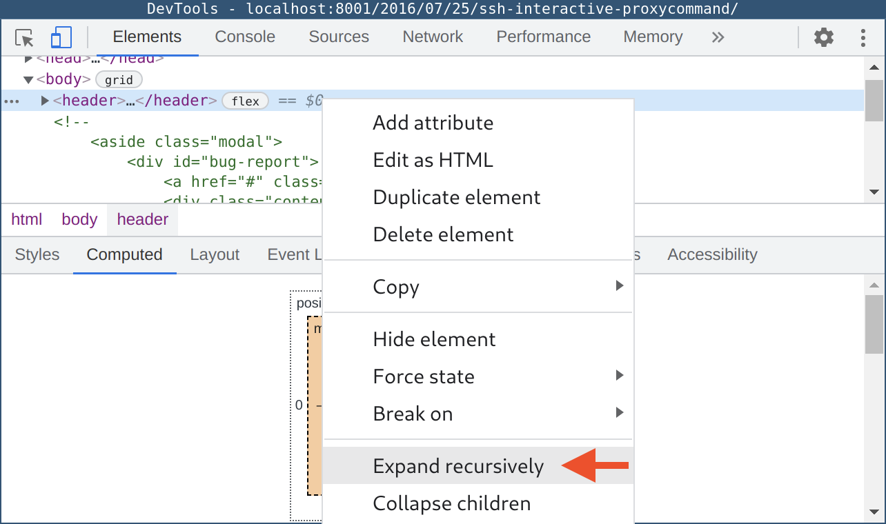A screenshot of Chrome DevTools showcasing how to expand nested levels recursively