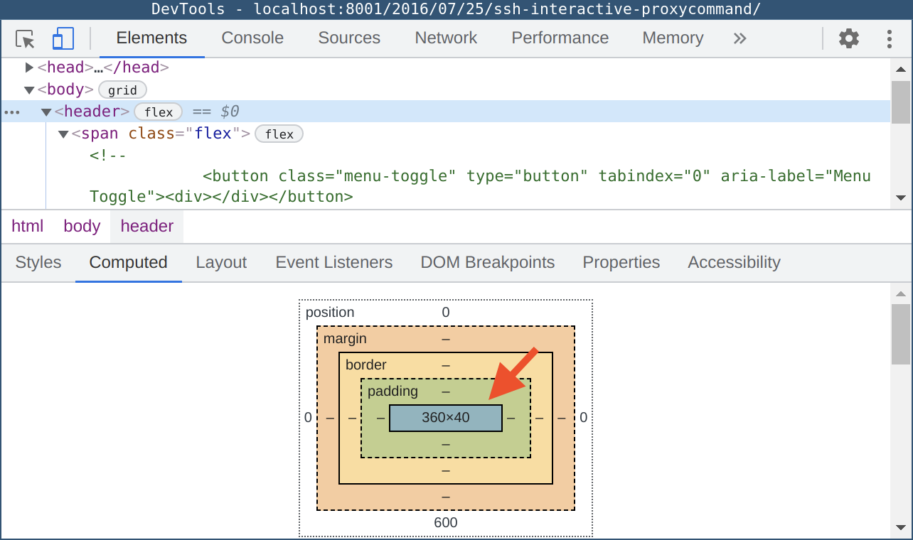 A screenshot of Chrome DevTools with the Elements view focused on the header element