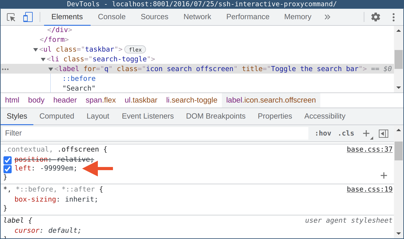 A screenshot of Chrome DevTools with the Styles view focused on the offending element