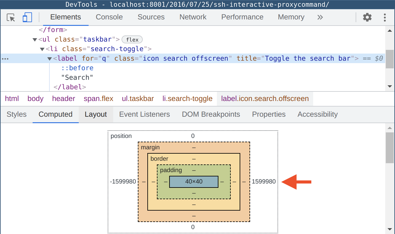A screenshot of Chrome DevTools with the Element view focused on the offending element