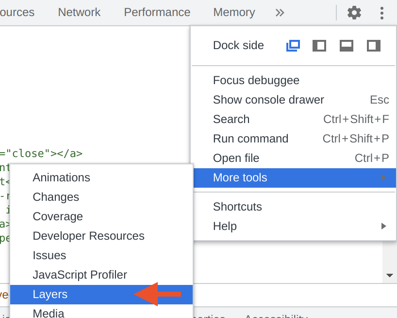 A screenshot of Chrome DevTools with the More Tools menu selected